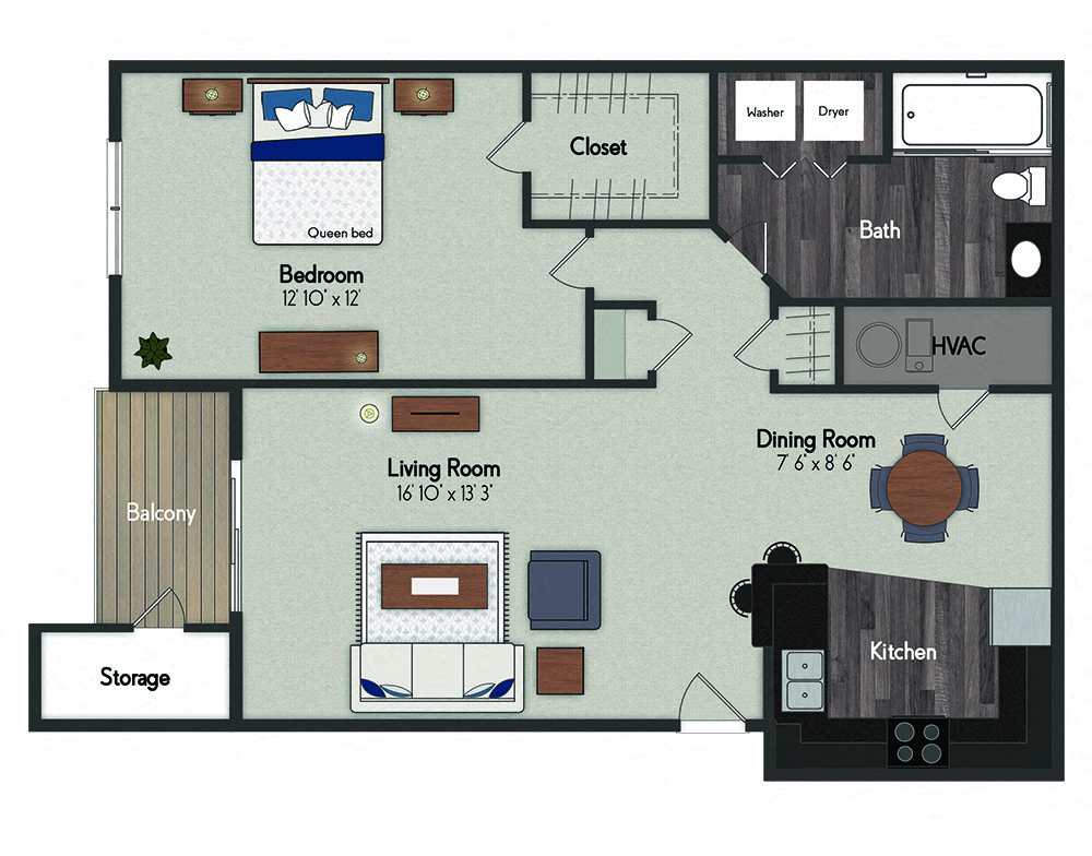 Floor plan for 1 bed, 1 bath, 772 sqft